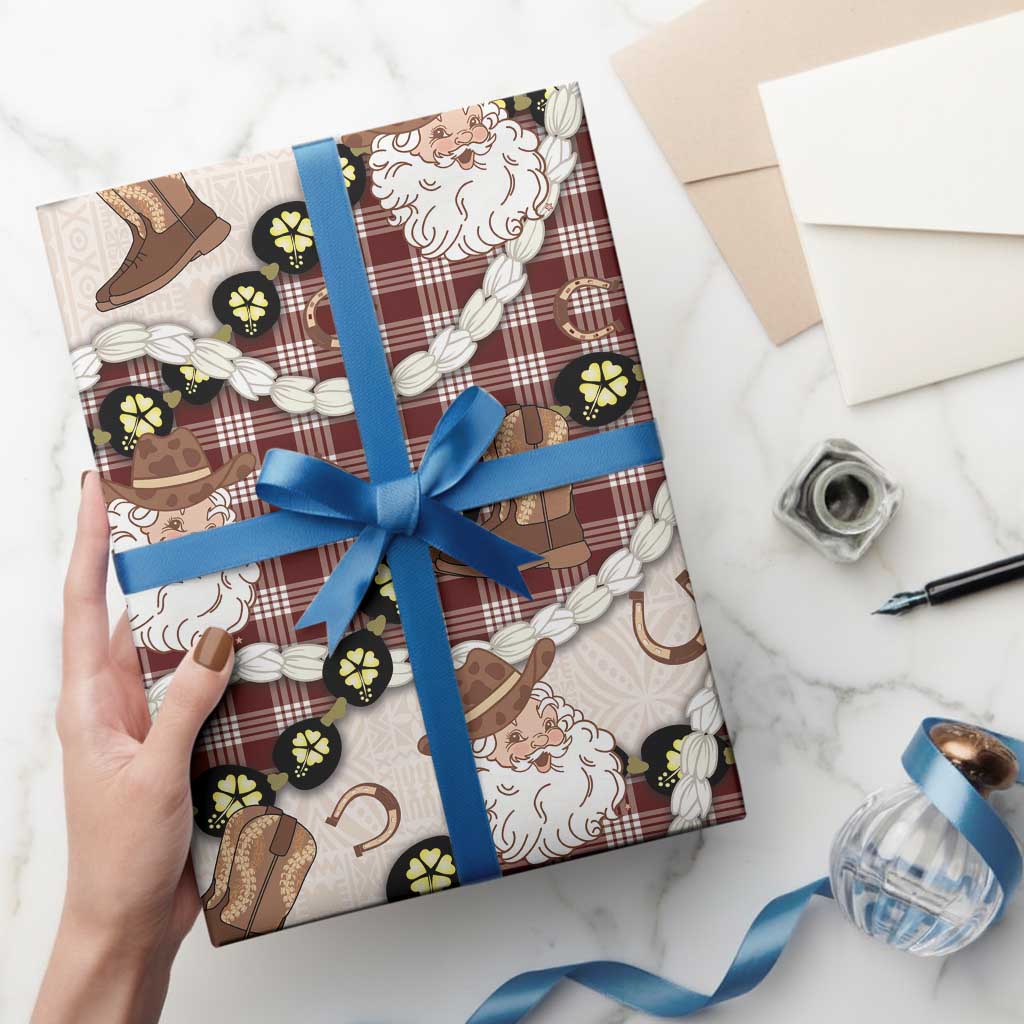 Cowboy Hawaii Mele Kalikimaka Wrapping Paper Paniolo Kukui Nut Pikake Lei Burgundy Version - Polynesian Pride