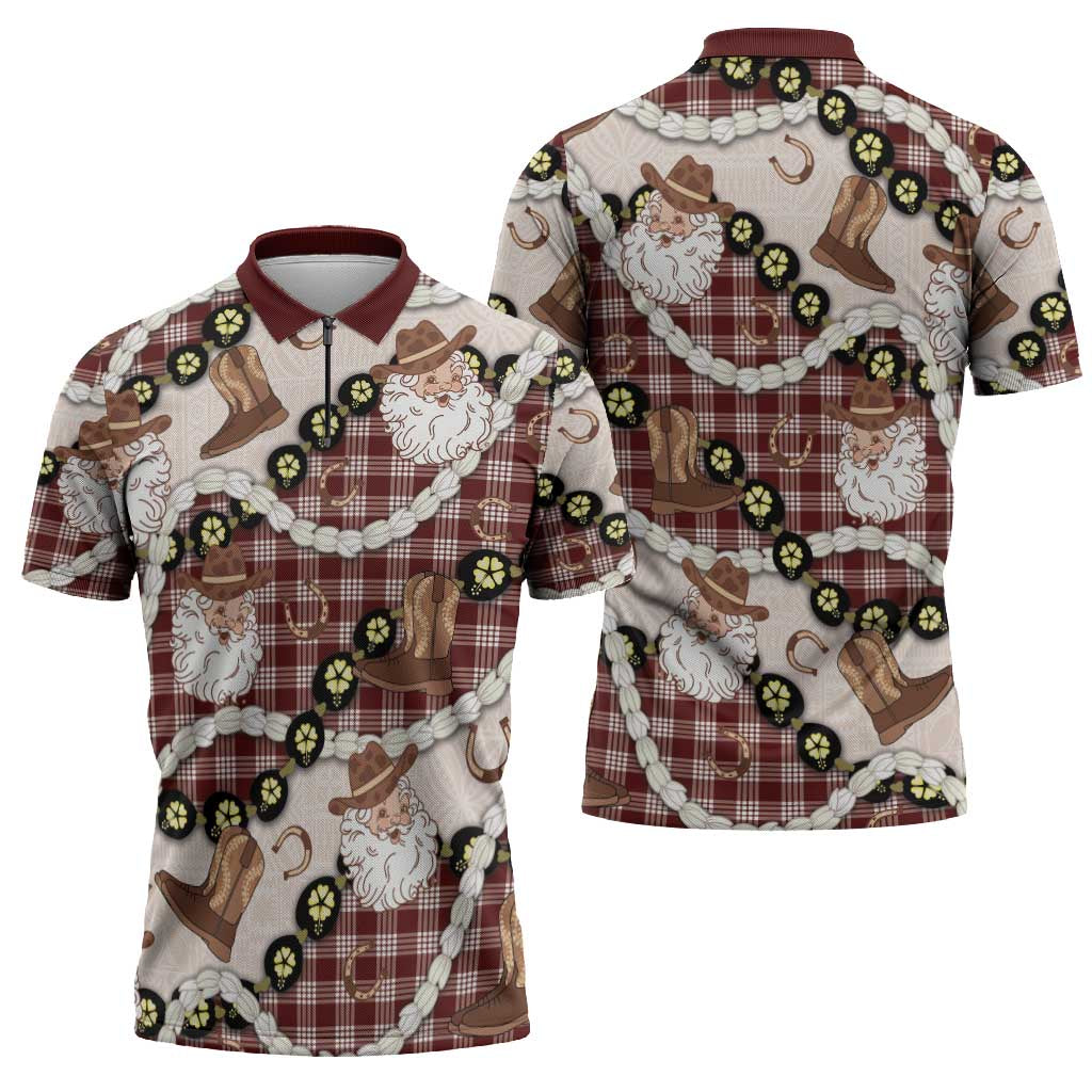 Cowboy Hawaii Mele Kalikimaka Zipper Polo Shirt Paniolo Kukui Nut Pikake Lei Burgundy Version - Polynesian Pride
