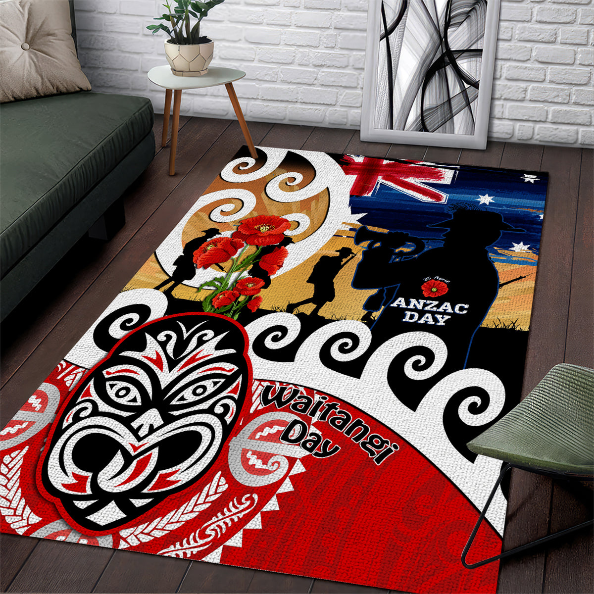 New Zealand Waitangi And ANZAC Day Area Rug Aotearoa Maori Tiki With Last Post