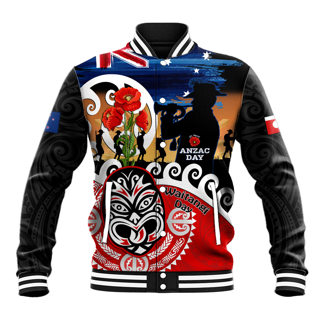 New Zealand Waitangi And ANZAC Day Baseball Jacket Aotearoa Maori Tiki With Last Post LT14 Unisex Black - Polynesian Pride