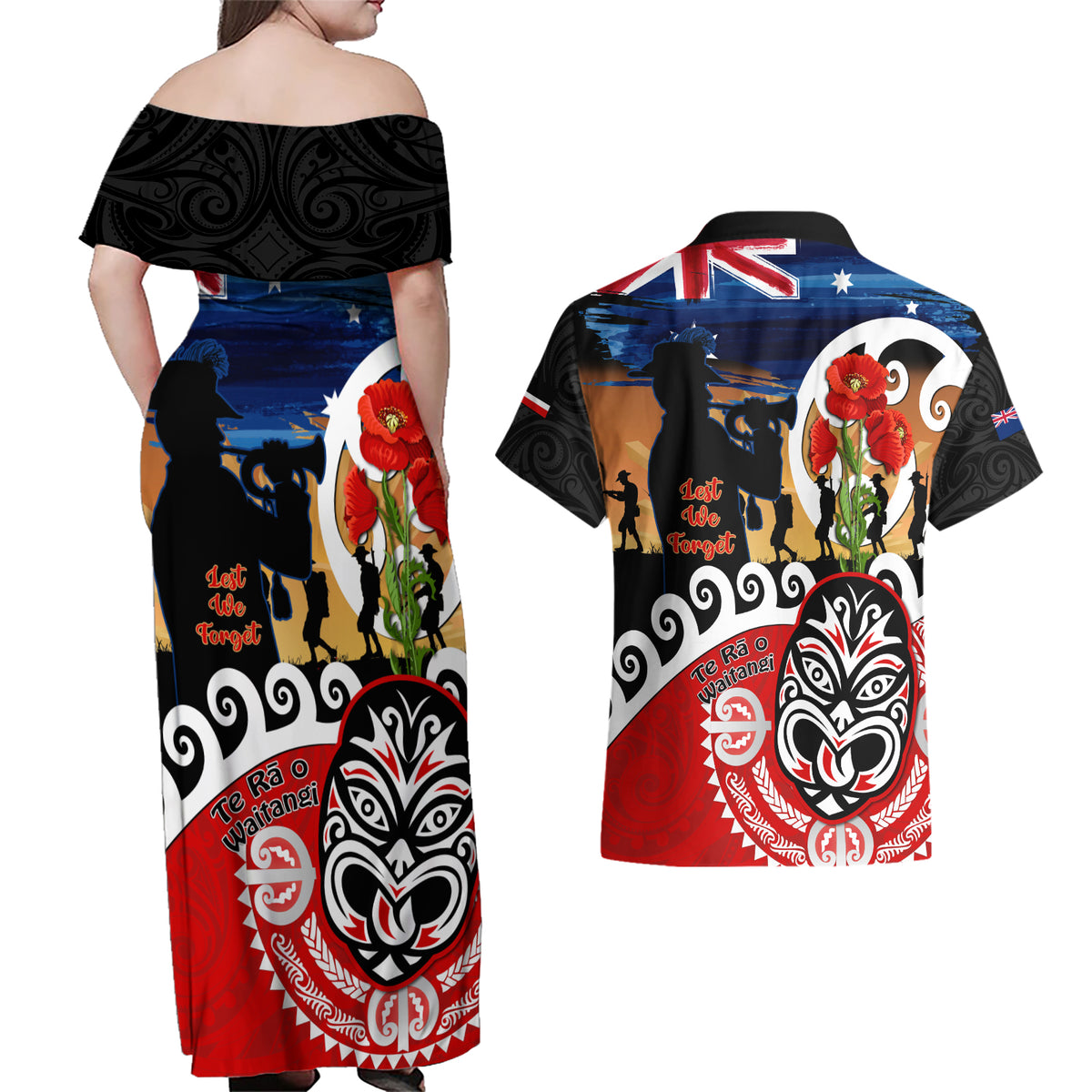 New Zealand Waitangi And ANZAC Day Couples Matching Off Shoulder Maxi Dress and Hawaiian Shirt Aotearoa Maori Tiki With Last Post LT14 - Polynesian Pride