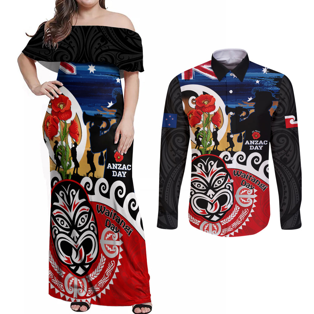 New Zealand Waitangi And ANZAC Day Couples Matching Off Shoulder Maxi Dress and Long Sleeve Button Shirt Aotearoa Maori Tiki With Last Post LT14 Black - Polynesian Pride