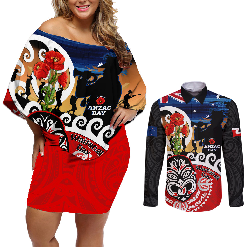 New Zealand Waitangi And ANZAC Day Couples Matching Off Shoulder Short Dress and Long Sleeve Button Shirt Aotearoa Maori Tiki With Last Post LT14 Black - Polynesian Pride