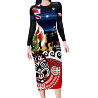 New Zealand Waitangi And ANZAC Day Family Matching Long Sleeve Bodycon Dress and Hawaiian Shirt Aotearoa Maori Tiki With Last Post LT14 Mom's Dress Black - Polynesian Pride