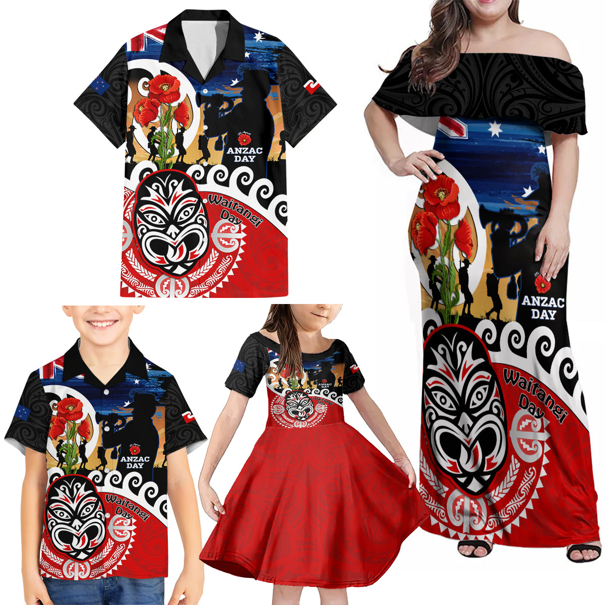 New Zealand Waitangi And ANZAC Day Family Matching Off Shoulder Maxi Dress and Hawaiian Shirt Aotearoa Maori Tiki With Last Post LT14 - Polynesian Pride