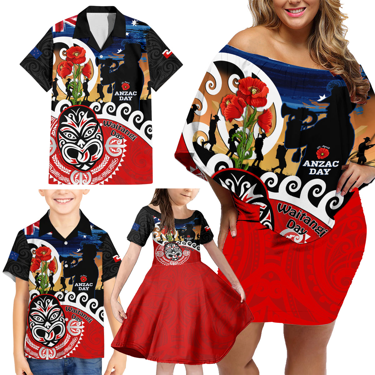 New Zealand Waitangi And ANZAC Day Family Matching Off Shoulder Short Dress and Hawaiian Shirt Aotearoa Maori Tiki With Last Post LT14 - Polynesian Pride