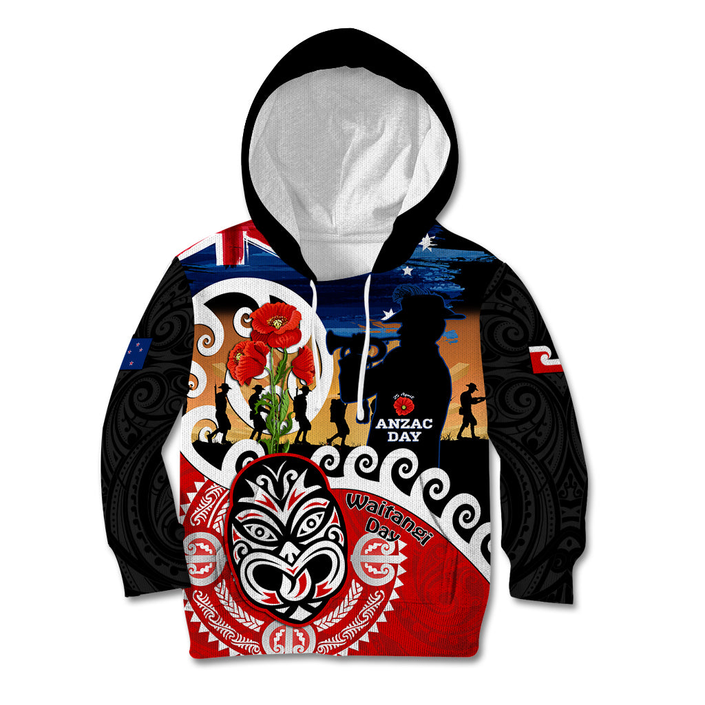 New Zealand Waitangi And ANZAC Day Kid Hoodie Aotearoa Maori Tiki With Last Post LT14 Hoodie Black - Polynesian Pride