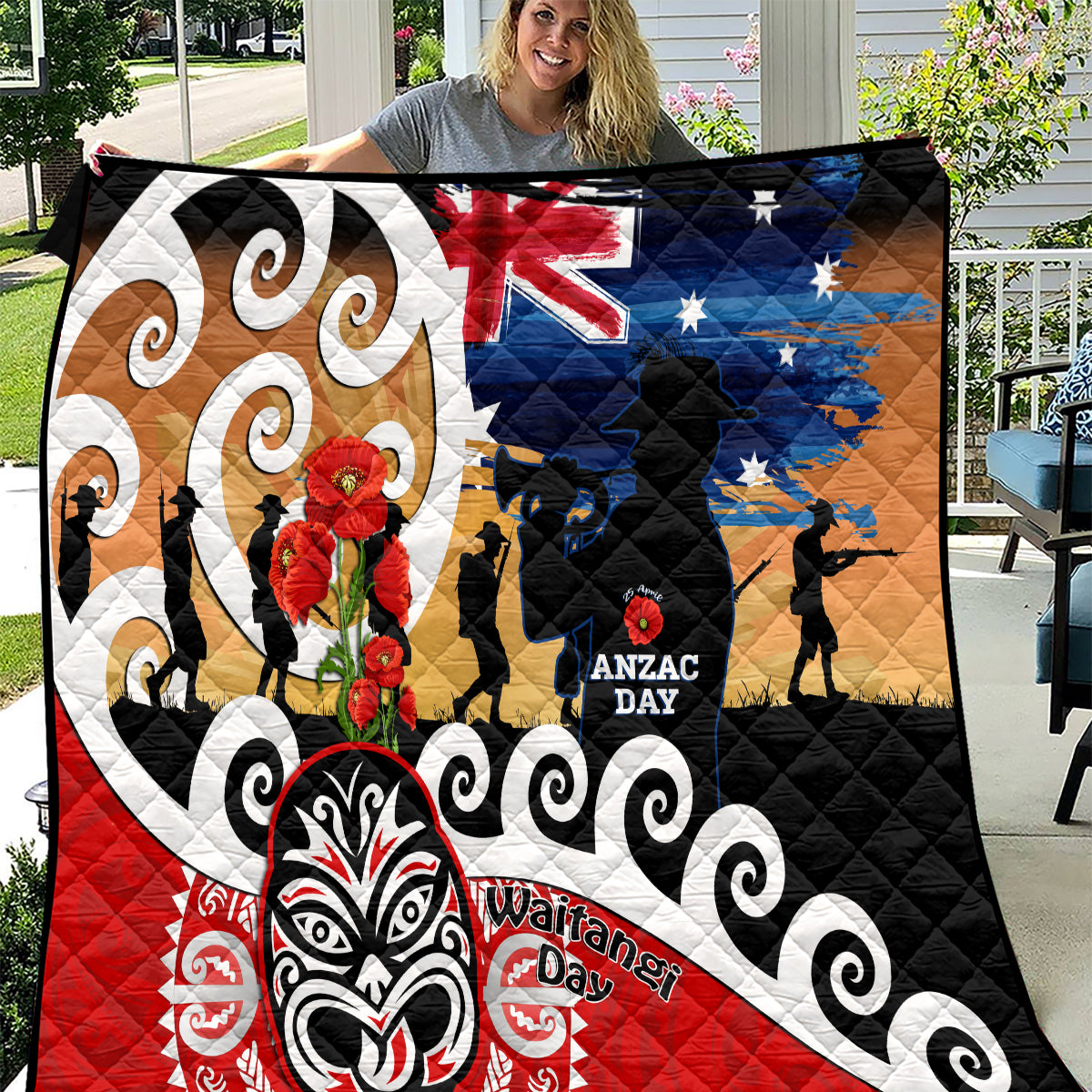 New Zealand Waitangi And ANZAC Day Quilt Aotearoa Maori Tiki With Last Post LT14 Black - Polynesian Pride