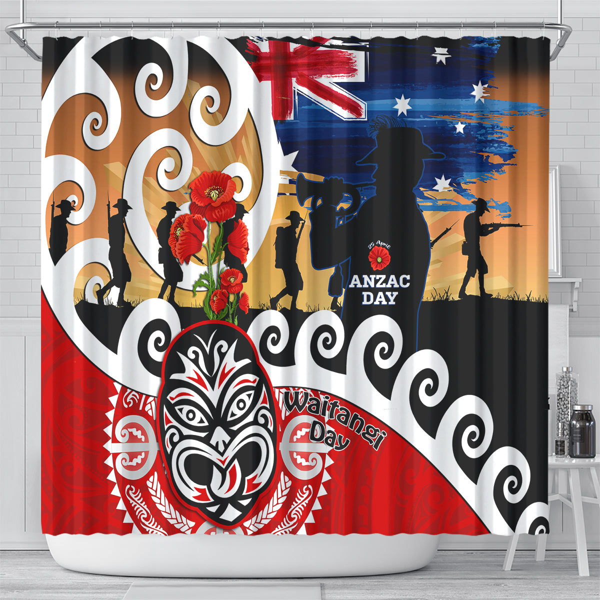 New Zealand Waitangi And ANZAC Day Shower Curtain Aotearoa Maori Tiki With Last Post