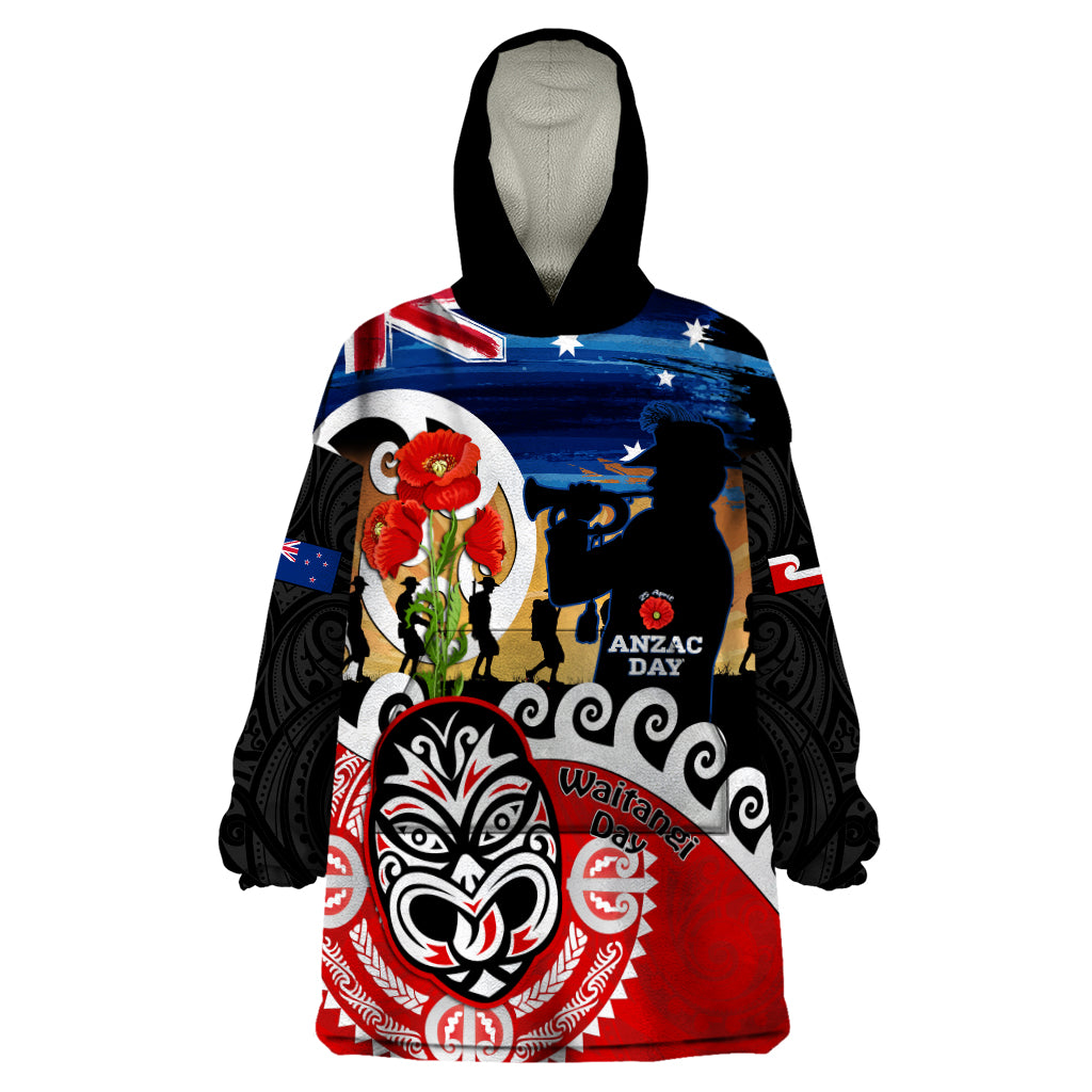 New Zealand Waitangi And ANZAC Day Wearable Blanket Hoodie Aotearoa Maori Tiki With Last Post LT14 One Size Black - Polynesian Pride