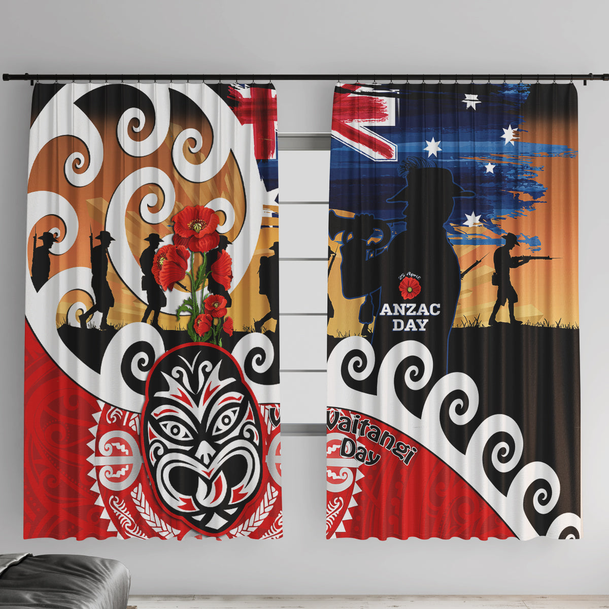 New Zealand Waitangi And ANZAC Day Window Curtain Aotearoa Maori Tiki With Last Post