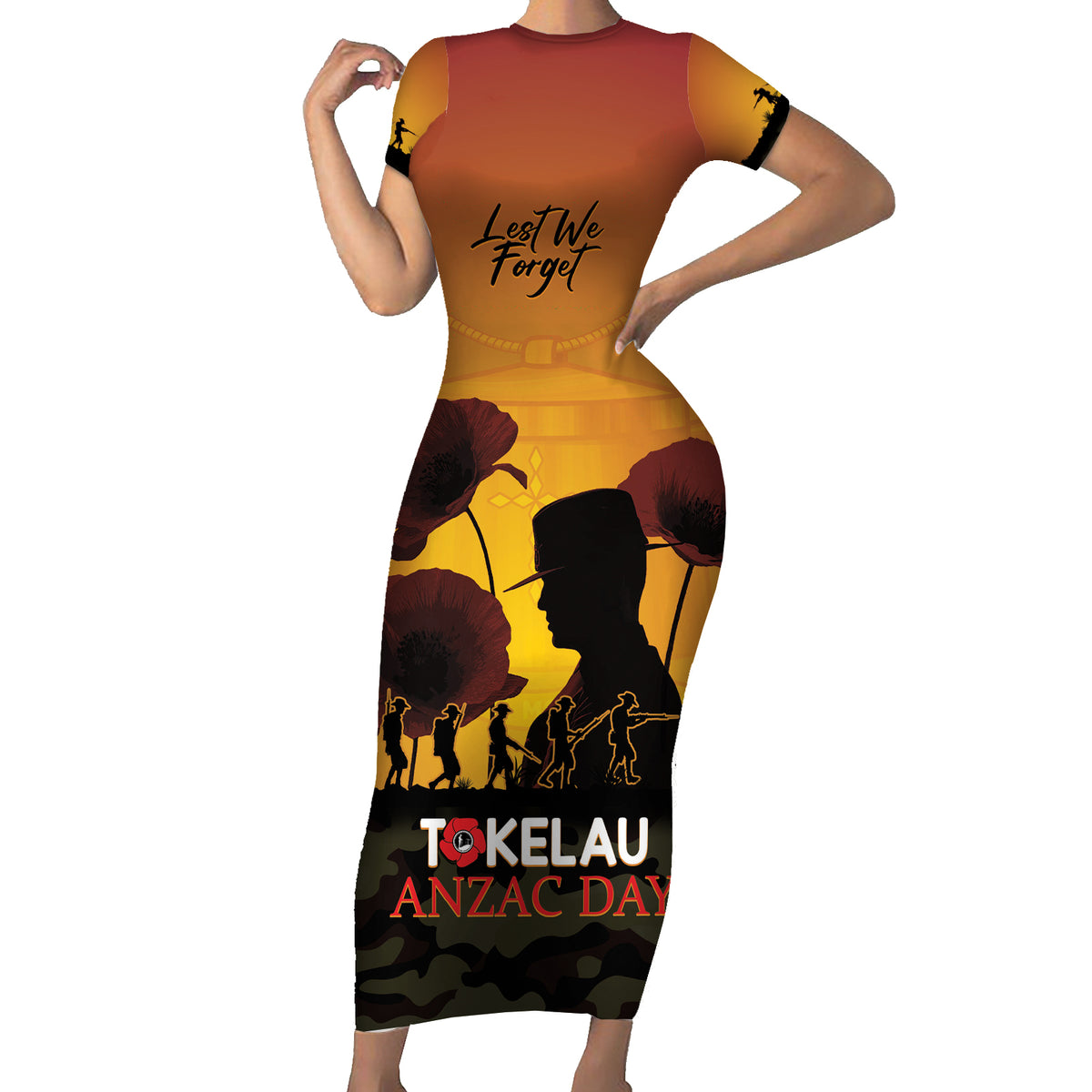 Tokelau ANZAC Day Family Matching Short Sleeve Bodycon Dress and Hawaiian Shirt Camouflage With Poppies Lest We Forget LT14 Mom's Dress Yellow - Polynesian Pride