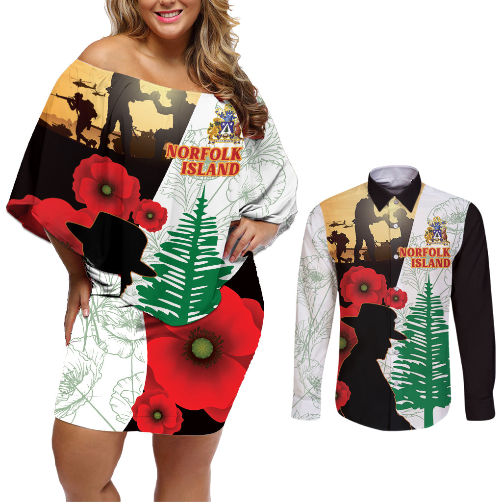 Norfolk Island ANZAC Day Couples Matching Off Shoulder Short Dress and Long Sleeve Button Shirt Pine Tree With Poppies Lest We Forget LT14 White - Polynesian Pride