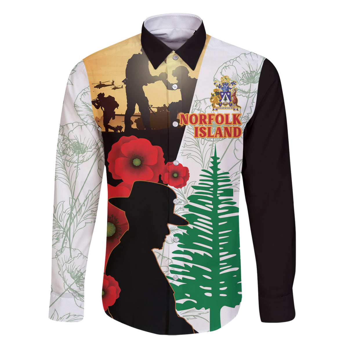Norfolk Island ANZAC Day Family Matching Mermaid Dress and Hawaiian Shirt Pine Tree With Poppies Lest We Forget LT14 Dad's Shirt - Long Sleeve White - Polynesian Pride