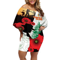 Norfolk Island ANZAC Day Off Shoulder Short Dress Pine Tree With Poppies Lest We Forget LT14 Women White - Polynesian Pride