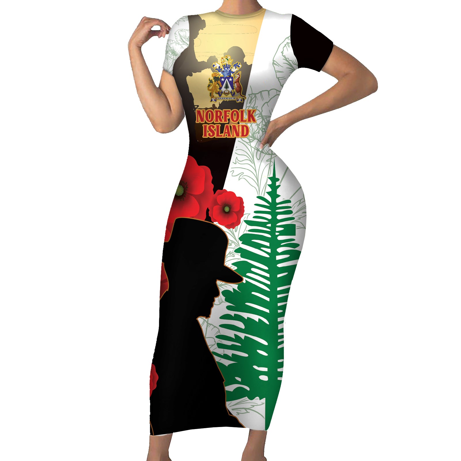 Norfolk Island ANZAC Day Short Sleeve Bodycon Dress Pine Tree With Poppies Lest We Forget LT14 Long Dress White - Polynesian Pride