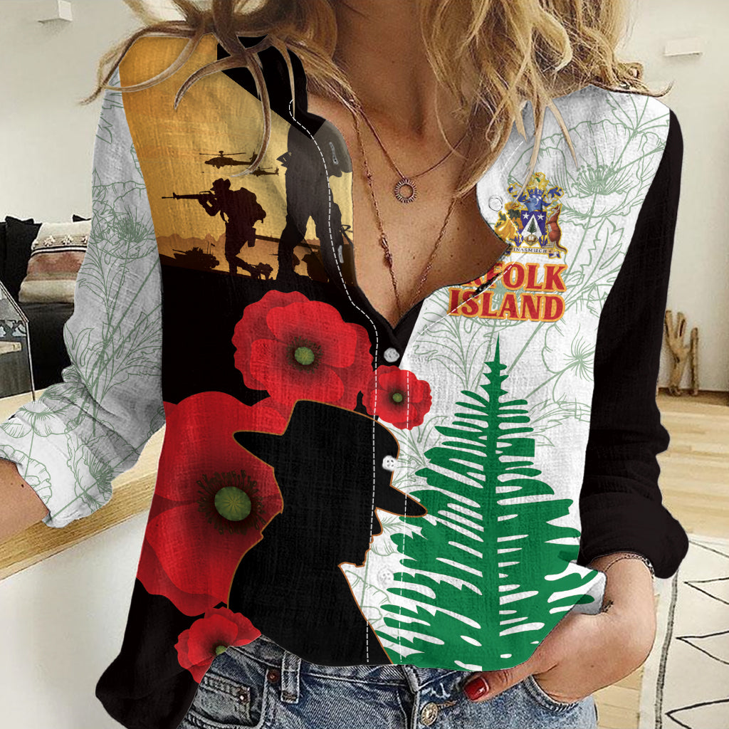 Norfolk Island ANZAC Day Women Casual Shirt Pine Tree With Poppies Lest We Forget LT14 Female White - Polynesian Pride