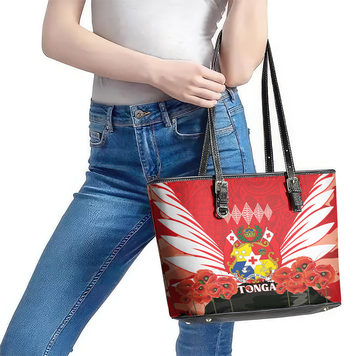 Tonga ANZAC Day Leather Tote Bag Camouflage With Poppies Lest We Forget LT14 - Polynesian Pride