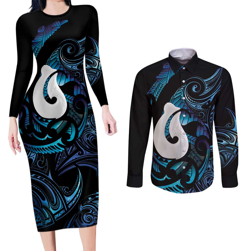 Hei Matau New Zealand Matariki Couples Matching Long Sleeve Bodycon Dress and Long Sleeve Button Shirt NZ Fish Hook Maori Art