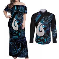 Hei Matau New Zealand Matariki Couples Matching Off Shoulder Maxi Dress and Long Sleeve Button Shirt NZ Fish Hook Maori Art LT14 Purple - Polynesian Pride