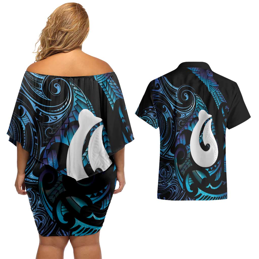 Hei Matau New Zealand Matariki Couples Matching Off Shoulder Short Dress and Hawaiian Shirt NZ Fish Hook Maori Art