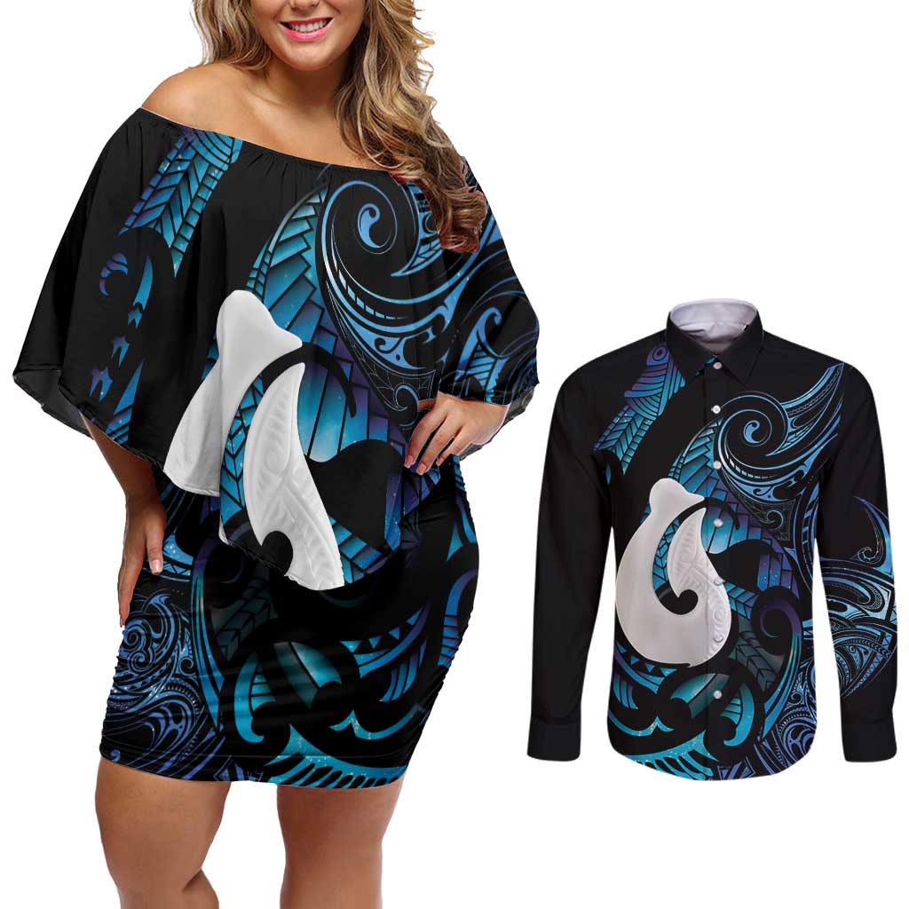 Hei Matau New Zealand Matariki Couples Matching Off Shoulder Short Dress and Long Sleeve Button Shirt NZ Fish Hook Maori Art