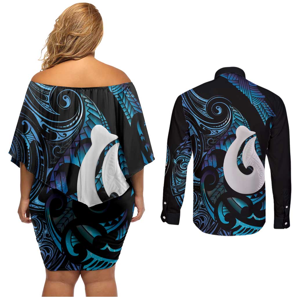 Hei Matau New Zealand Matariki Couples Matching Off Shoulder Short Dress and Long Sleeve Button Shirt NZ Fish Hook Maori Art LT14 - Polynesian Pride