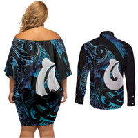 Hei Matau New Zealand Matariki Couples Matching Off Shoulder Short Dress and Long Sleeve Button Shirt NZ Fish Hook Maori Art LT14 - Polynesian Pride