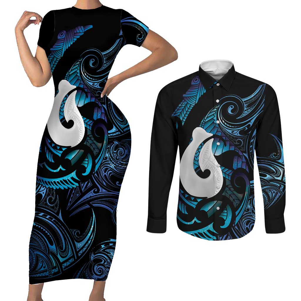 Hei Matau New Zealand Matariki Couples Matching Short Sleeve Bodycon Dress and Long Sleeve Button Shirt NZ Fish Hook Maori Art