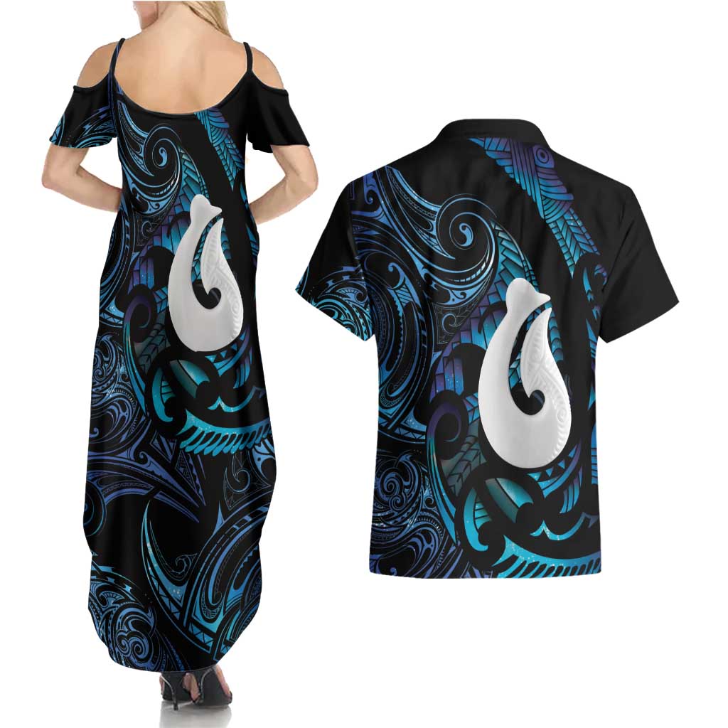 Hei Matau New Zealand Matariki Couples Matching Summer Maxi Dress and Hawaiian Shirt NZ Fish Hook Maori Art
