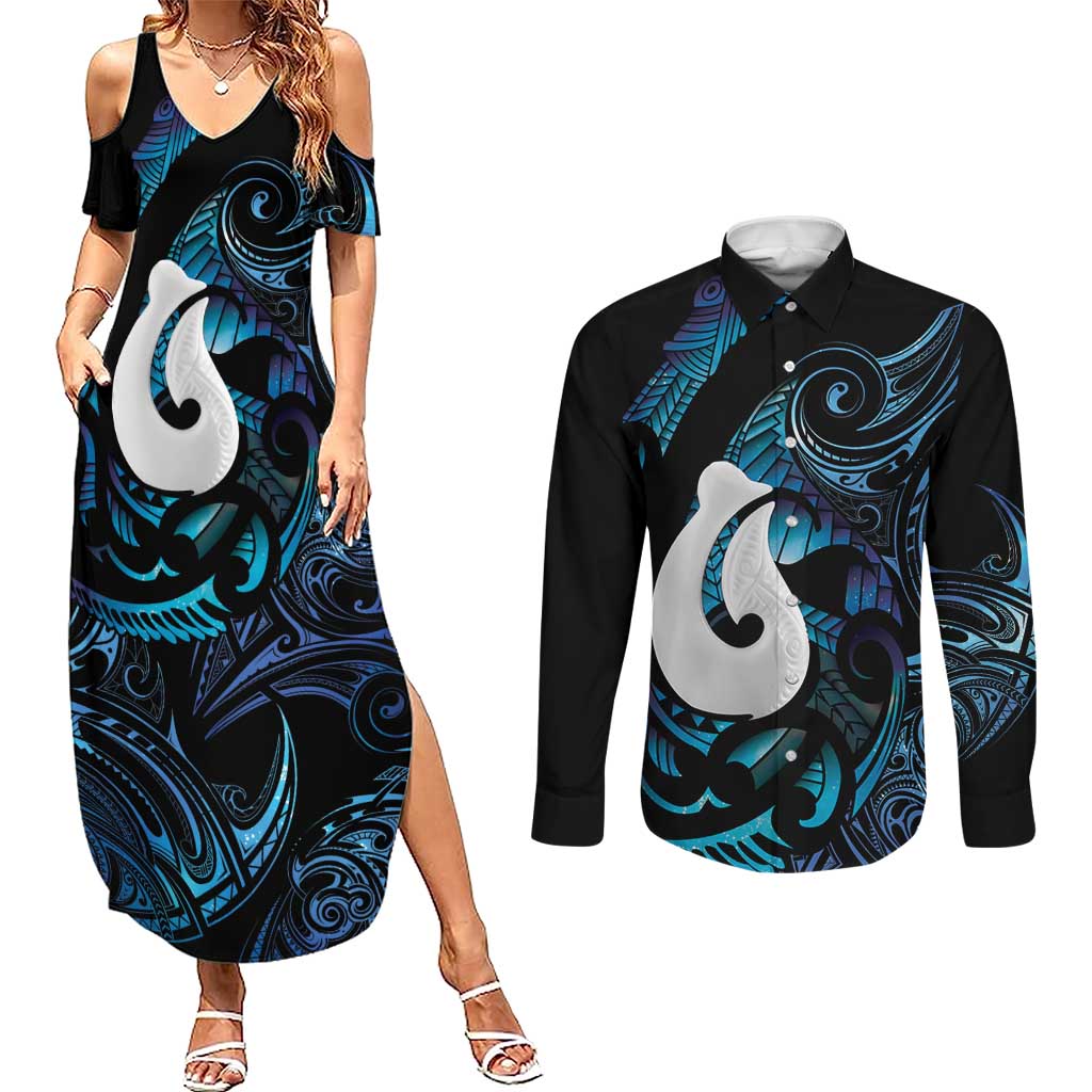 Hei Matau New Zealand Matariki Couples Matching Summer Maxi Dress and Long Sleeve Button Shirt NZ Fish Hook Maori Art LT14 Purple - Polynesian Pride