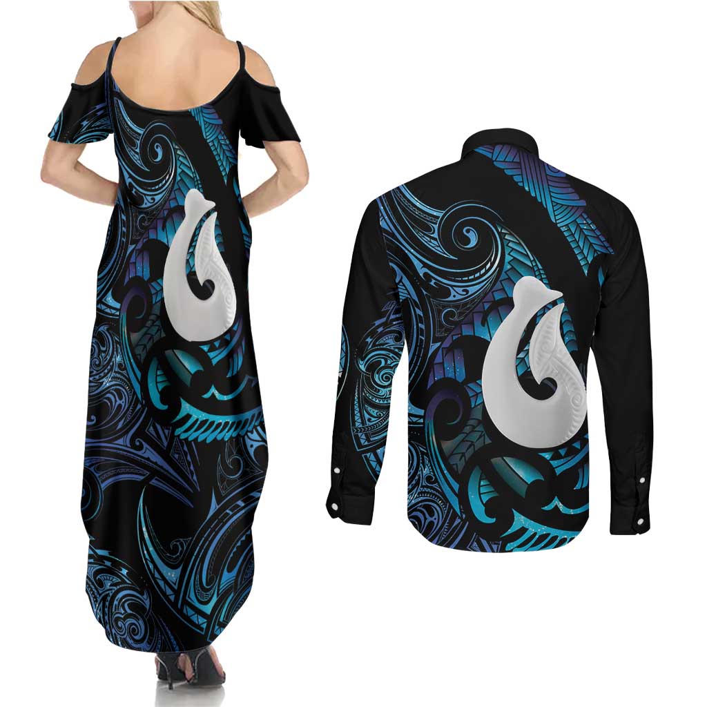 Hei Matau New Zealand Matariki Couples Matching Summer Maxi Dress and Long Sleeve Button Shirt NZ Fish Hook Maori Art LT14 - Polynesian Pride