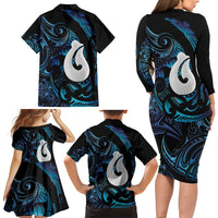 Hei Matau New Zealand Matariki Family Matching Long Sleeve Bodycon Dress and Hawaiian Shirt NZ Fish Hook Maori Art LT14 - Polynesian Pride