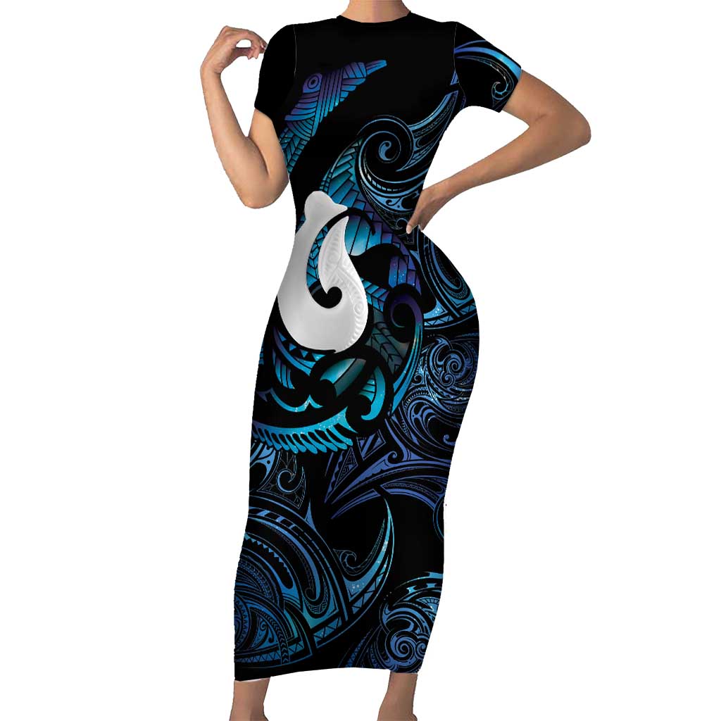 Hei Matau New Zealand Matariki Family Matching Short Sleeve Bodycon Dress and Hawaiian Shirt NZ Fish Hook Maori Art LT14 Mom's Dress Purple - Polynesian Pride