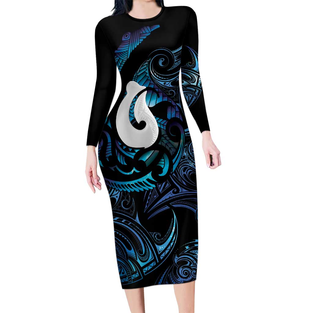 Hei Matau New Zealand Matariki Long Sleeve Bodycon Dress NZ Fish Hook Maori Art LT14 Long Dress Purple - Polynesian Pride