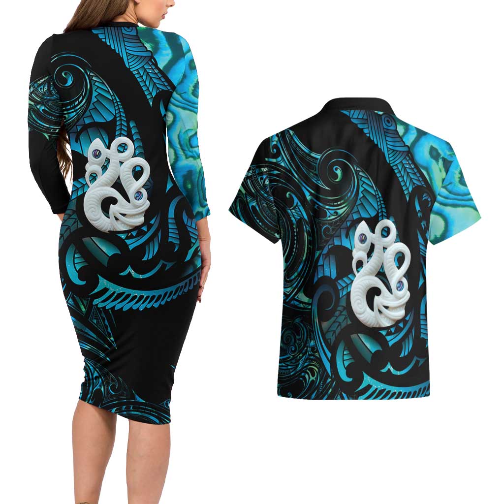 Manaia New Zealand Matariki Couples Matching Long Sleeve Bodycon Dress and Hawaiian Shirt NZ Paua Shell Maori Art
