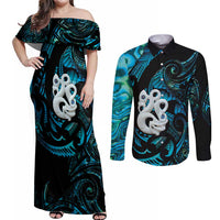 Manaia New Zealand Matariki Couples Matching Off Shoulder Maxi Dress and Long Sleeve Button Shirt NZ Paua Shell Maori Art LT14 Turquoise - Polynesian Pride