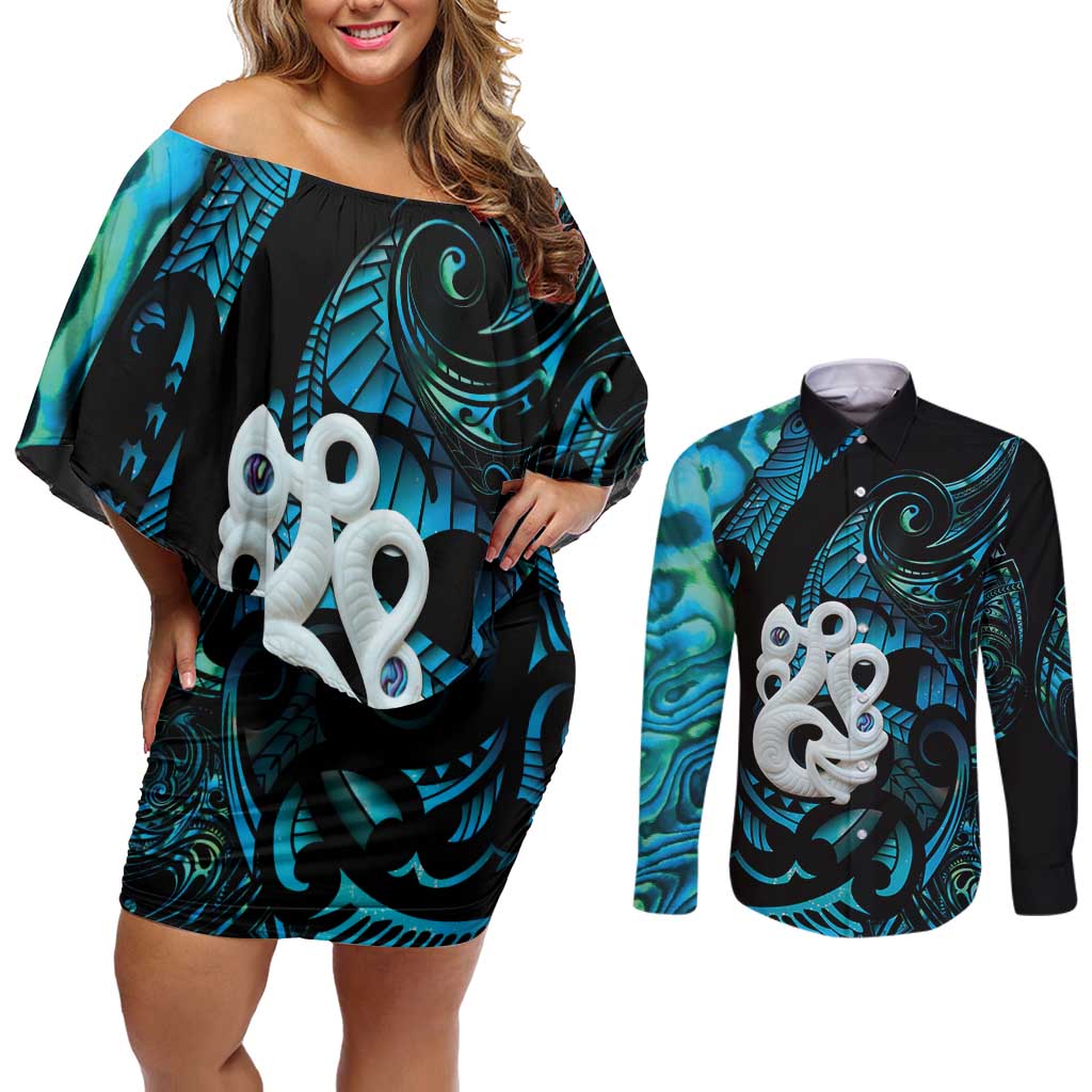Manaia New Zealand Matariki Couples Matching Off Shoulder Short Dress and Long Sleeve Button Shirt NZ Paua Shell Maori Art LT14 Turquoise - Polynesian Pride