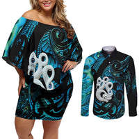 Manaia New Zealand Matariki Couples Matching Off Shoulder Short Dress and Long Sleeve Button Shirt NZ Paua Shell Maori Art LT14 Turquoise - Polynesian Pride