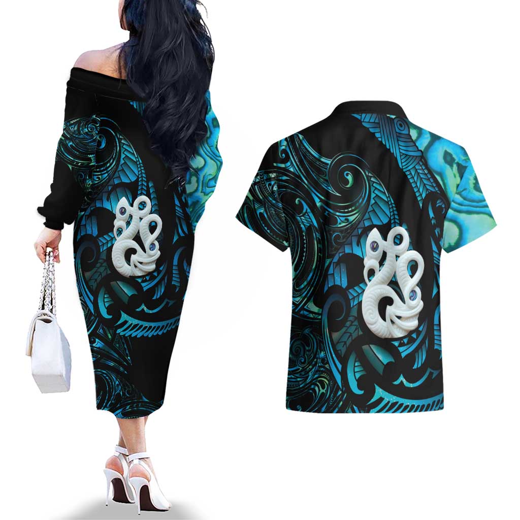 Manaia New Zealand Matariki Couples Matching Off The Shoulder Long Sleeve Dress and Hawaiian Shirt NZ Paua Shell Maori Art