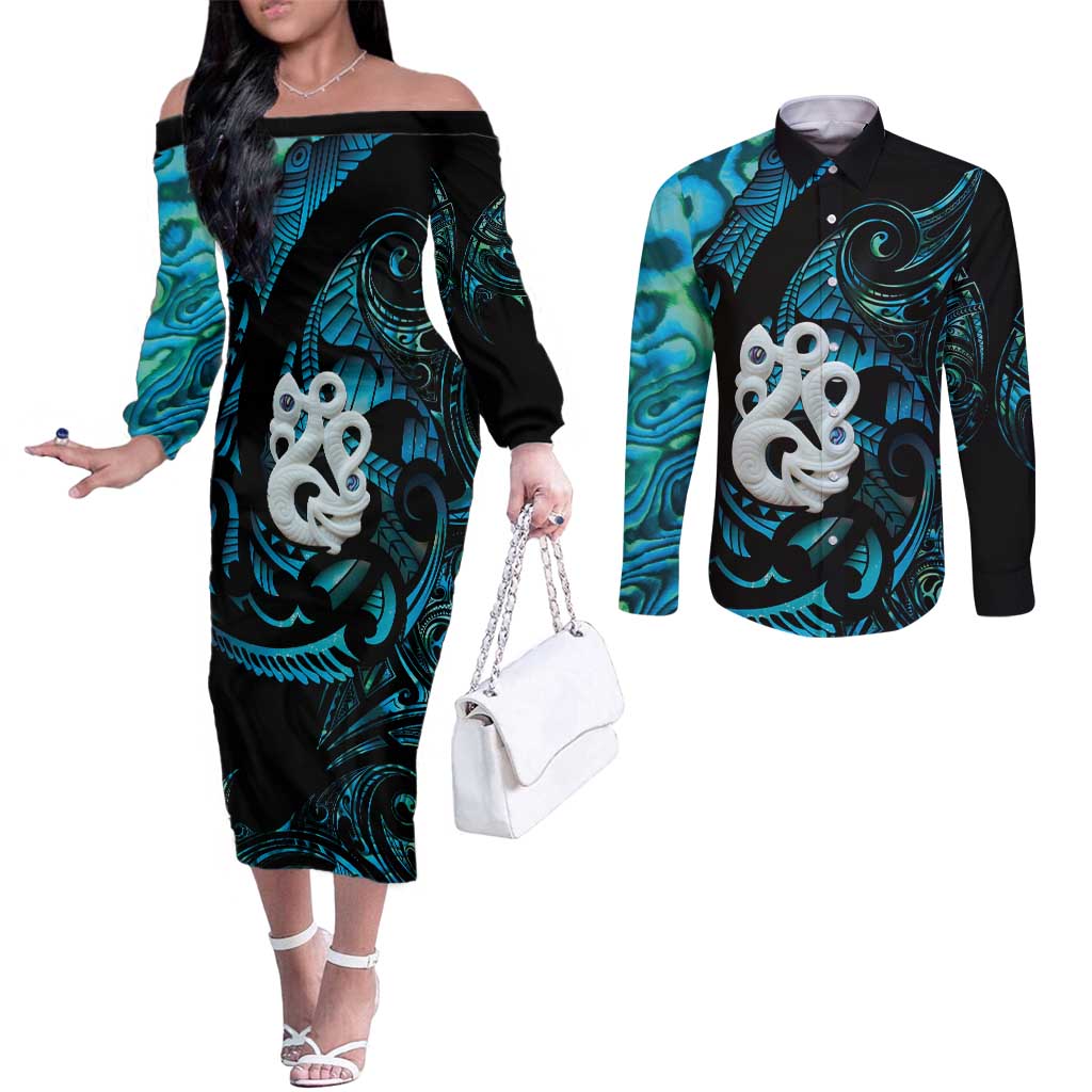 Manaia New Zealand Matariki Couples Matching Off The Shoulder Long Sleeve Dress and Long Sleeve Button Shirt NZ Paua Shell Maori Art