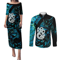Manaia New Zealand Matariki Couples Matching Puletasi and Long Sleeve Button Shirt NZ Paua Shell Maori Art LT14 Turquoise - Polynesian Pride