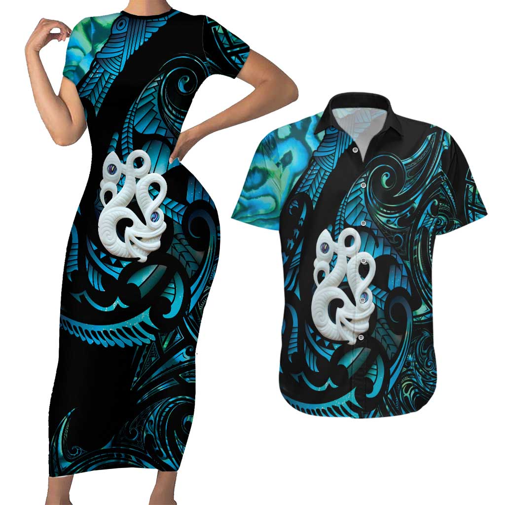 Manaia New Zealand Matariki Couples Matching Short Sleeve Bodycon Dress and Hawaiian Shirt NZ Paua Shell Maori Art