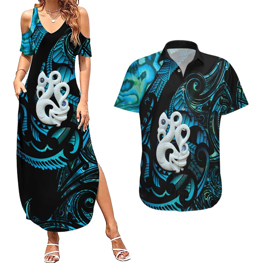 Manaia New Zealand Matariki Couples Matching Summer Maxi Dress and Hawaiian Shirt NZ Paua Shell Maori Art