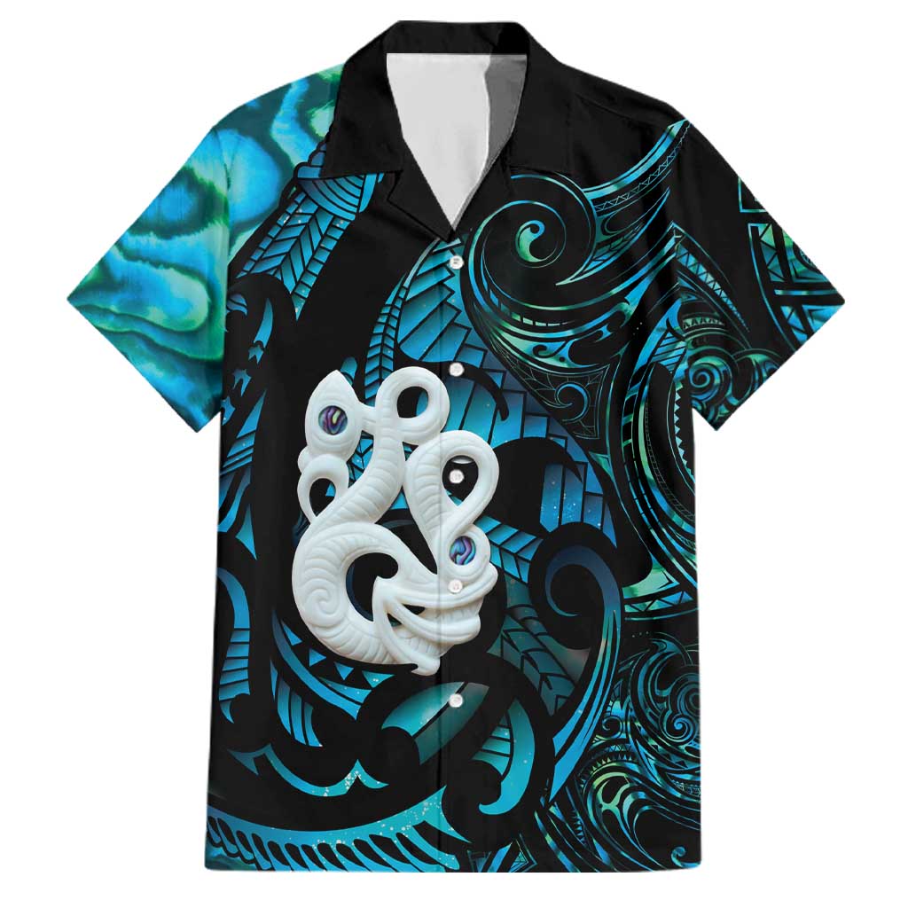 Manaia New Zealand Matariki Family Matching Off The Shoulder Long Sleeve Dress and Hawaiian Shirt NZ Paua Shell Maori Art LT14 Dad's Shirt - Short Sleeve Turquoise - Polynesian Pride