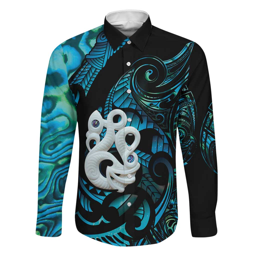 Manaia New Zealand Matariki Family Matching Off Shoulder Maxi Dress and Hawaiian Shirt NZ Paua Shell Maori Art LT14 Dad's Shirt - Long Sleeve Turquoise - Polynesian Pride