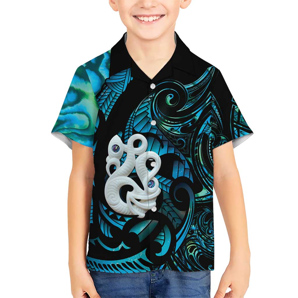 Manaia New Zealand Matariki Family Matching Off Shoulder Short Dress and Hawaiian Shirt NZ Paua Shell Maori Art LT14 Son's Shirt Turquoise - Polynesian Pride