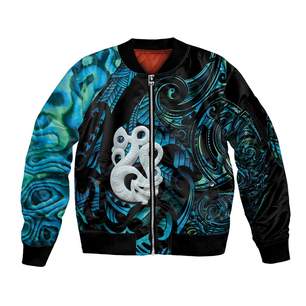 Manaia New Zealand Matariki Sleeve Zip Bomber Jacket NZ Paua Shell Maori Art