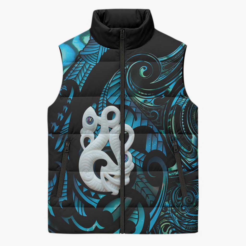 Manaia New Zealand Matariki Sleeveless Puffer Jacket NZ Paua Shell Maori Art LT14 Unisex Turquoise - Polynesian Pride