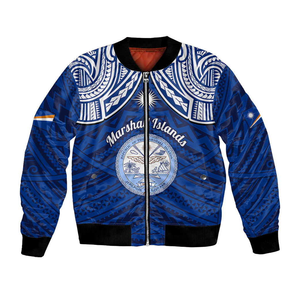 Marshall Islands Bomber Jacket Blue Polynesian Tribal Mix Coat Of Arms LT14 Unisex Blue - Polynesian Pride